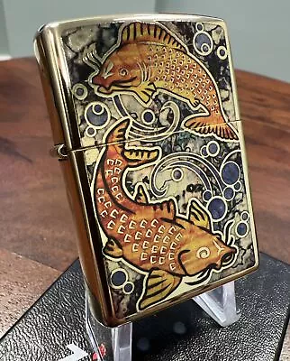 Zippo Windproof Lighter KOI FISH Fusion High Polish Brass NEW IN BOX FREE POST • £44.40