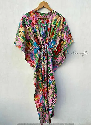 Indian Pink Frida Kahlo Print Cotton Hippie Maxi Women Nightwear Caftan Dress • $22.55