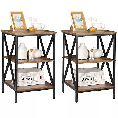 Set Of 2 3-Tier Side Table X Design End Table Metal Frame Storage Shelves Brown • $67.58