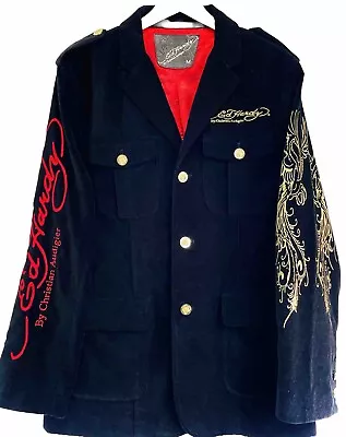 Mens Vintage Ed Hardy Designer Black Velvet Embroidered Y2K Jacket New Size M • £129