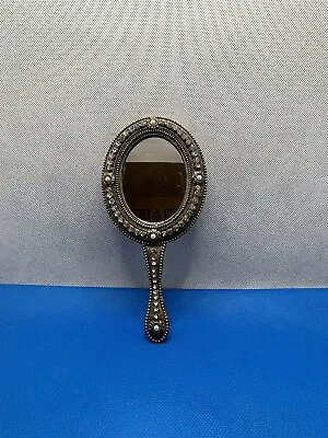 Vintage Rhinestones & Faux Pearls Brass & Silver Metal Hand Held Mirror Vanity • $27.50