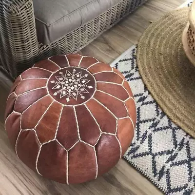 Footstool Ottoman Unstuffed GenuineBrown Natural Goat Leather New Pouffe • $123.50