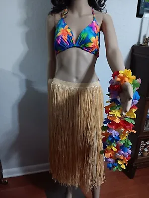 Costume Hawaiian Plastic Grass Skirt Flower Lais And Tropical Print Bikini Set • $30