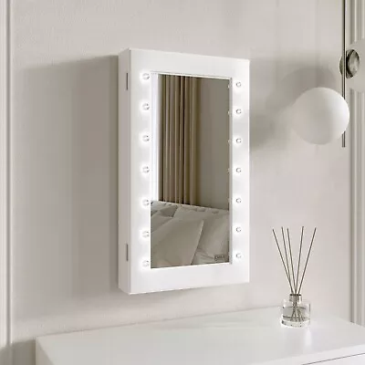 White Tabletop / Wall Mounted Jewellery Mirror Cabinet With LED Lights Storage • £90