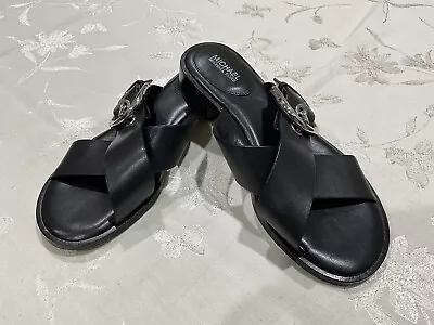 Michael Kors Women’s 6m Black Leather Sandal W/ Buckle 3/4” Heel  • $22.22