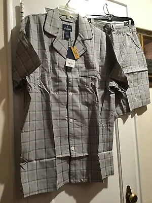 $19.99 • Buy Stafford Men Broadcloth Pajama Set SS Button Shirt & Shorts Grey Plaid Sz L NWT