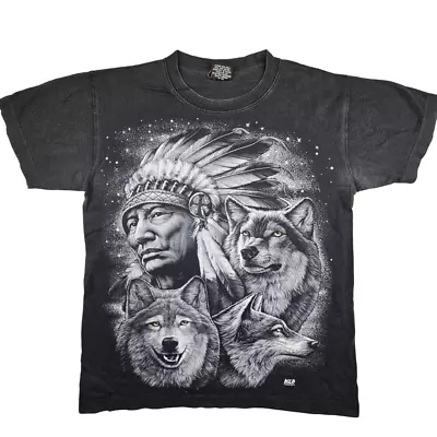 WILD Wolf Native American Indian T Shirt Size M Black Mens Double Sided • £12.99