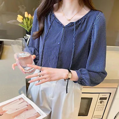 Women V Neck Puff Long Sleeve Striped Vintage Casual Loose Work Shirt Blouse Top • $36.93