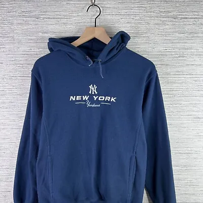VINTAGE New York Yankees Sweatshirt Mens Small Blue Hoodie Fleece Embroidered • $28.88