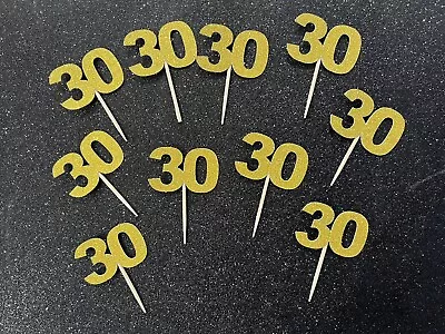 30th Birthday Cupcake Bun Picks Toppers Handmade Gold Glitter X10 • £2.79