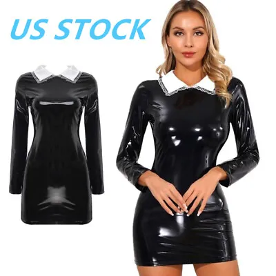 US Woman Wetlook Faux Leather Mini Dress Long Sleeve Satin Collar Bodycon Dress • $15.49