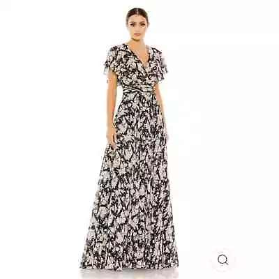 Mac Duggal Floral Print Flutter Sleeve A Line Gown 11266 Size 14 • $215