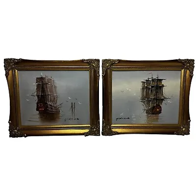 Pair Marine Paintings Galleon Ships Facing Left & Right Moored By Danny Garcia • £850