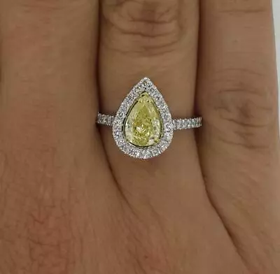 1.4 Ct Fancy Yellow Pave Halo Pear Cut Diamond Ring SI2 Canary Treated • £870.23