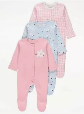 George 0-3 Months - 3 Pack Gingham/floral Sleepsuits Babygrows 100% Cotton Bnwt • £11.99