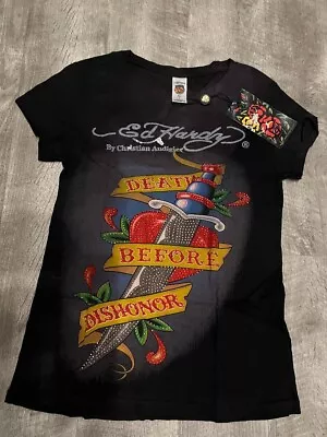 ED HARDY RHINESTONES Women’s T-Shirt Short Sleeve  Black 100% Cotton SIZE LARGE • $24.99