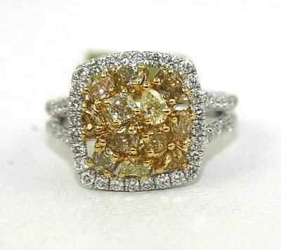 Natural Canary Yellow Diamond Cluster Square Mix Cut Ring 14k White Gold 1.60Ct • £1930.27