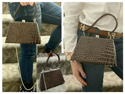 Inge Christopher Vintage Brown Faux Croc  Crossbody Chain Strap Kelly Bag Purse  • $33.99