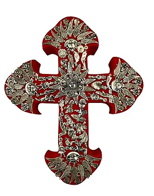 Mexican MILAGROS CROSS ExVotos Wood Cross LG  10” Red Silver • $52.80