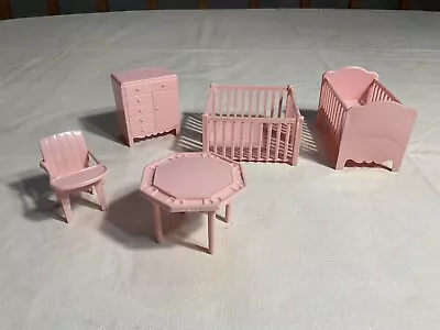 Vtg. Louis Marx Pink Dollhouse Nursery Furniture Lot With Imprinted Logo 5 Pcs • $24.99