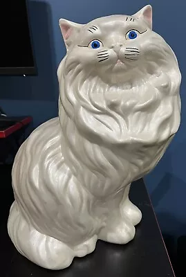 Vintage Ceramic White Persian Cat Blue Eyes Sitting Statue Large 14  Kitty MCM • $42.99