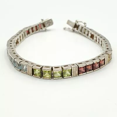 Signed 925 Silver Thailand Multi-Gemstone+Garnet Tennis Bracelet 7.5in 20.25g • $24.50