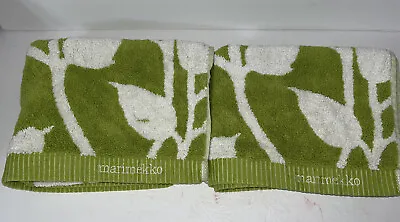 2 Marimekko Hand Towels MADISON GREEN Pattern Crate & Barrel EUC Turkish Cotton • $75