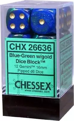 Chessex Dice Sets Blue Green / Gold Gemini 16mm D6 12 Die Set CHX 26636 • $9.64