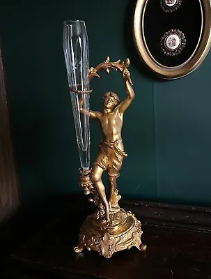 Vintage Gold Gilt Apollo  Holding Branch With Etched Glass Bud Vase On A Base • $225