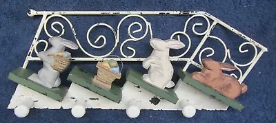 Shabby Chic BUNNY RABBIT 4 Hook Holder Rack 17  L Vtg Easter DECOR Cap Hat Towel • $11.95