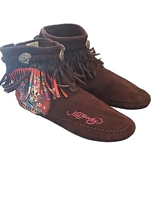 Ed Hardy Suede Booties 10 Fringed Skull Detail Chocolate Brown • $39