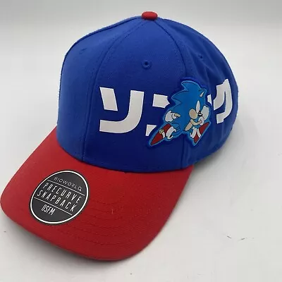 Sonic Kanji Pre-Curved Bill Snapback Hat Cap Hedgehog Blue Red VGC • $13.50