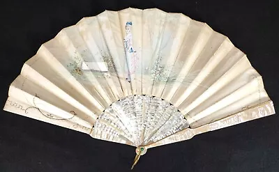 Antique Hand Fan Mother Of Pearl With Hand Painted Woman • $225