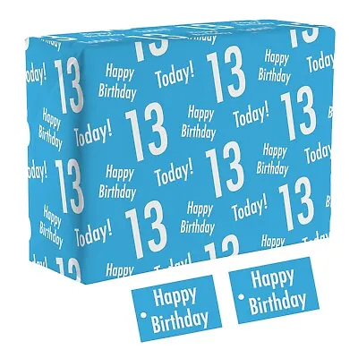 1 Sheet Of 13th Birthday Blue Luxury Wrapping Paper & 2 Tags - For Boys Son • £4.50