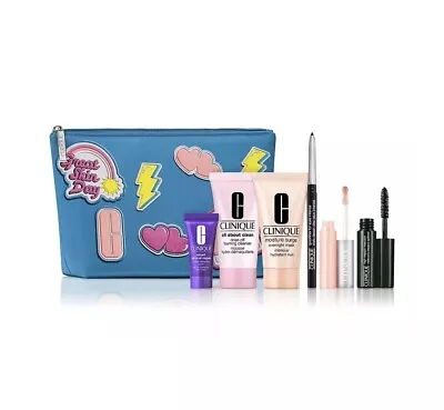 Clinique Skincare Makeup 7Pcs Deluxe Sample Size Gift Set Blue Makeup Sample Bag • $19.99