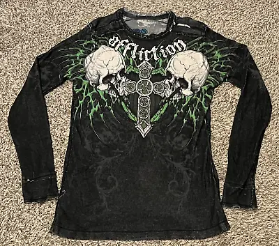 $70 • Buy Affliction Reversible Long Sleeve Thermal T Shirt Mens Large Skull Graphics