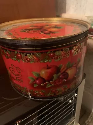 Vintage Large Round Fruit Cake Metal Tin Box Storage Multi Color Container Apple • $12