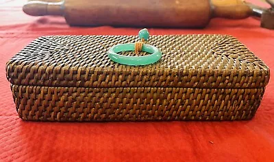 Vintage Chinese Wicker Sewing Basket With Glass Embellishments On Lid. • $15