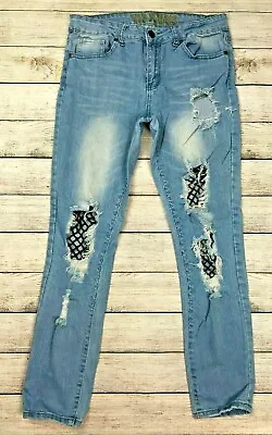 Vip Size 9 9/10 Distressed Denim Jeans Fishnet Mesh Leg Under Panel Juniors L34 • $12