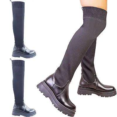 £39.95 • Buy New Womens Ladies Over The Knee Sock Platform Low Mid Block Heel Boots Size