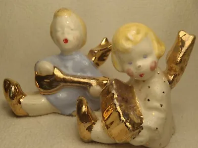 Vintage Porcelain Sitting Cherub Angels Japan Instruments Set/2 Gold Gilt Accent • $12.99