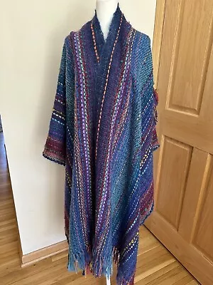 VTG Vibrant LucyAnn Warner 100% Wool (Mohair)Poncho Cape Shawl Wrap Fringed Blue • $75