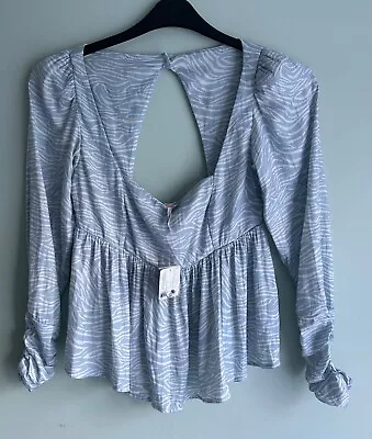 BNWT Baby Blue FREE PEOPLE Zebra Print Satin Open Back Top Blouse XS 6/8 £88! • £17.99