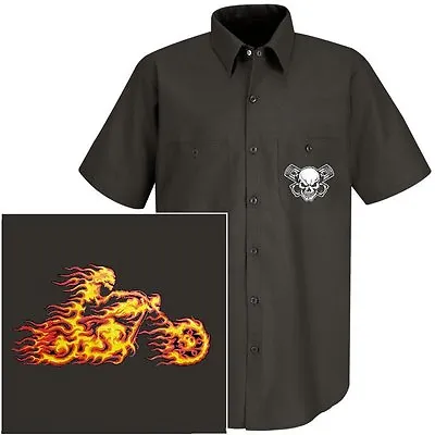 Ghost Biker Chopper Motorcycle Hell Rider In Flames Skull Mechanic Work Shirt • $34.95