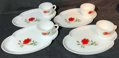 4 Vintage White Milk Glass Snack Set Tray Tea Cup Red Rose 4 Plates 4 Cups • $26