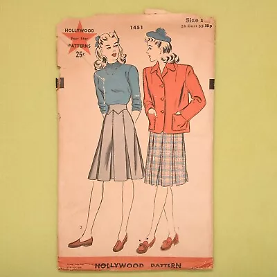 Vintage 1940s Hollywood Jacket & Skirt Sewing Pattern - 1451 - Bust 32 Complete • $21