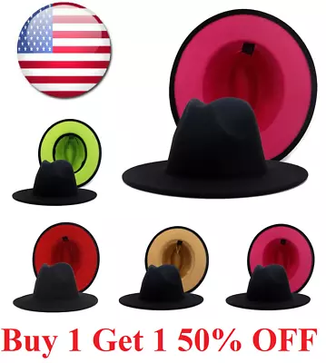 Wide Brim Wool Felt Fedora Panama Two 2 Tone Hat Casual Jazz Cap For Men Women • $14.99