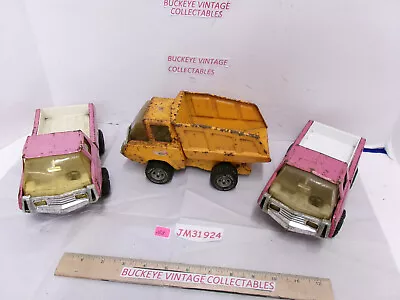 Vintage 8-3/4 Tonka Yellow Metal Dump Truck & (2) Pink Pick Up Trucks USA • $6