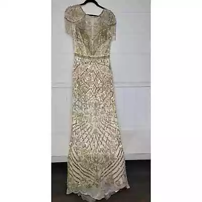 Mac Duggal Cap Sleeve Gold Embellished Fringe Trumpet Gown - NWT! Size 4 • $239