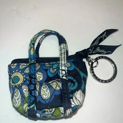 Rare Vera Bradley Mod Floral Blue Mini Tote Bag Coin Purse Key Ring Chain Charm • $29.95